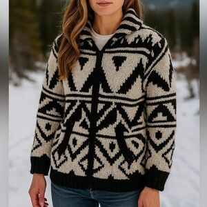 Lost Horizons Jacket Black Ivory Wool Lunar Journey Zip Sweater Handmade Cozy XS